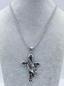 Collar con colgante de cruz de manos en oración de estilo vintage plateado envejecido, accesorio versátil para hombre, regalo para el Día del Padre