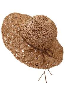 1 pieza Sombrero de paja de moda para mujer, sombrero de verano tejido a mano, ala ancha, estilo coreano, correa con lazo plegable, sombrero protector solar para playa y pesca, accesorio de viaje y vacaciones como regalo