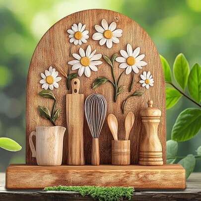 2D 手工木制雏菊花和厨房用具雕塑 - 复古雕刻风格，清晰可见的木纹，乡村风格拼贴画，配有打蛋器、勺子和其他厨房装饰，挂在木墙上