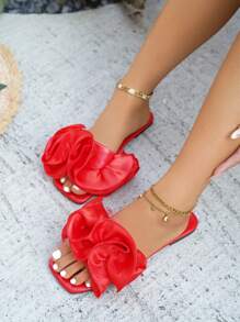 New Women's Red Ruffled Floral Design Beach Flat Sandals, Fashionable Party & Vacation Style, Soft Square Toe Comfortable All Match Flat Slippers