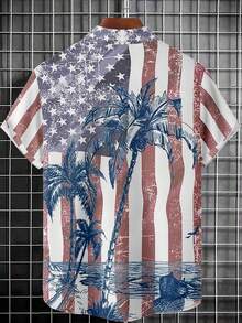 4th Of July US Flag & Palm Tree Print Men Short Sleeve Hawaiian Shirt - Multicolor - View 5