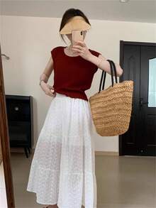 针织露肩短袖T恤女夏季新款小众镂空吊带背心冰丝短款上衣 - 酒紅色 - 查看 2