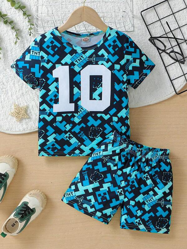 Young Boy Summer Geometric & Letter Print Crew Neck Short Sleeve Top And Shorts Pajama Set