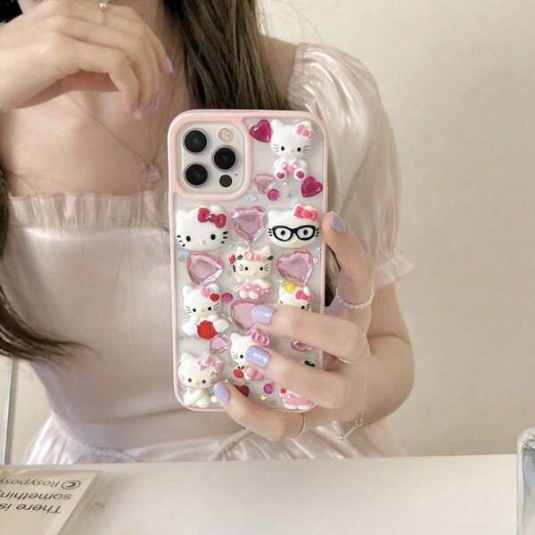 Sanrio Funda de teléfono de epoxy con diseño de gato Kitty de Sanrio en 3D, compatible con iPhone 17, 16, 15, 14, 13, 12, 11 Pro Max, 15Pro, funda de teléfono adorable de dibujos animados, cubierta dura a prueba de golpes de Body completo