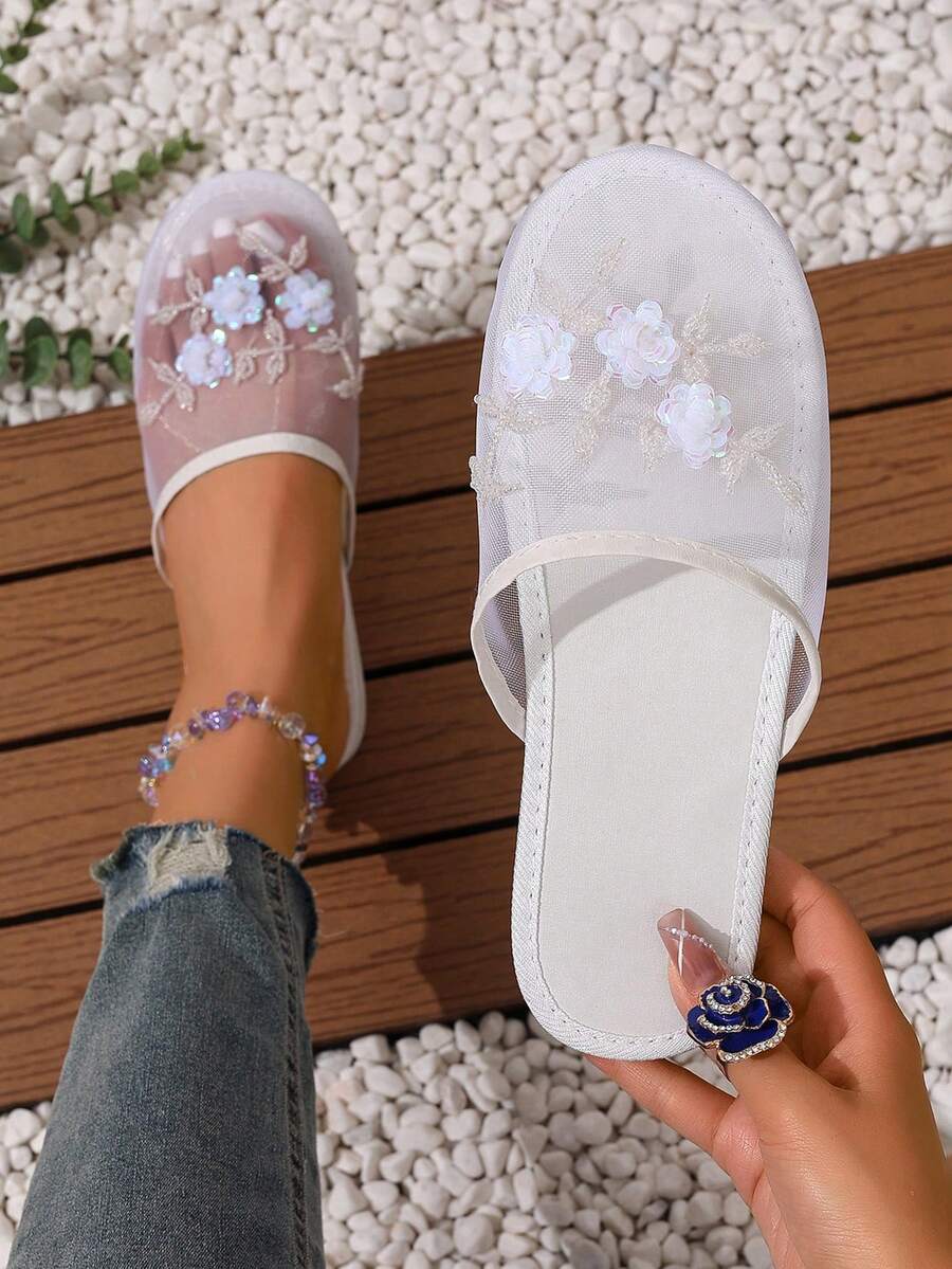 2025 Nuevas zapatillas de malla fina con cuentas hechas a mano, aptas para uso interior y exterior - Blanco - Ver 1