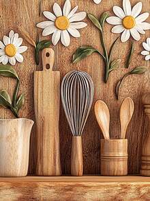 2D Hand-Crafted Wooden Sculpture Of Daisy Flower And Kitchen Utensils - Vintage Carving Style, Visible Wood Grain, Cottagecore Collage, With Whisk, Spoon And Other Kitchen Decors On Wooden Wall - Multicolor - View 5