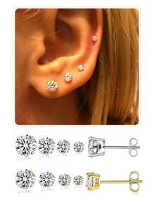 Pendientes de botón chapados en oro de 14 quilates con circonita cúbica para mujeres y hombres, pendientes hipoalergénicos de acero inoxidable plateado/dorado de 3-4-5-6 mm con diamantes redondos simulados de circonita cúbica, adecuados para uso diario para mujeres