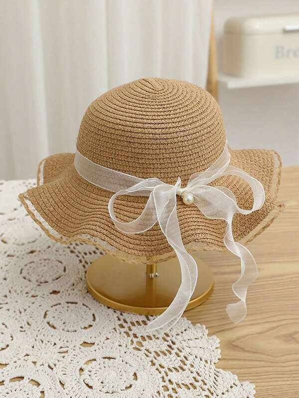 1 Pc Girls Cute Floral Beaded Floppy Pearls Straw Hat, Princess Style Sun Protection Beach Hat, Suitable For Daily Wear