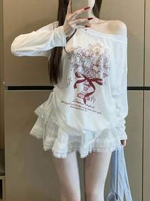 Printed Asymmetric Shoulder Long Sleeve T-Shirt Women's Summer Loose Sunscreen Shrug Shirt, Stylish & Versatile Lightweight Top - White - View 4