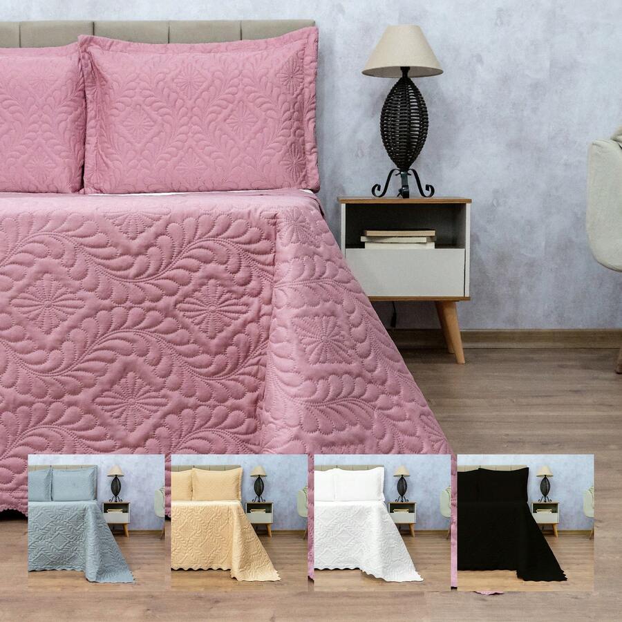 Kit Cobre Leito Camili SUPER KING 3 pçs colcha dupla face matelado ultrassônico com aba - Rosê - Visão 1