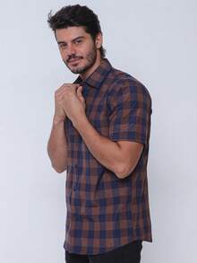 Rand paul Men's Casual Slim Fit Short Sleeve Plaid Shirt Slim Fit Modern And Versatile Style - 棕色 - 查看 3