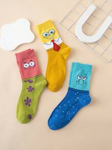 SPONGEBOB 3 Pairs Unisex Funny Personalized Cartoon Cute Multi-Color Jacquard Spongebob Pattern Mid-Calf Socks, Sports Style, All Season, EU Size, Comfortable Breathable Durable, Vibrant Colors, Suitable For Daily Wear, High-Quality Fabric, Non-Sweating