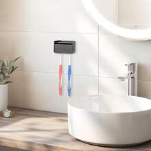 Toothbrush Holder Wall Mounted With Cover For Bathroom, 2 Slots Toothbrush Storage Organizer For Shower, Self Adhesive Toothbrush Hanger Rack For Dorm, Cabinet (White) - 黑色 - 查看 6