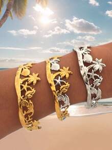1pc Summer Women Tropical Ocean Shell, Fish, Coconut Tree Handmade 18k Gold Plated Bracelet, Summer Beach Daily Holiday Party Jewelry