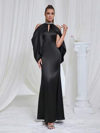 Color Block Halterneck Fishtail Floor-Length Bodycon Dress Cocktail Dress