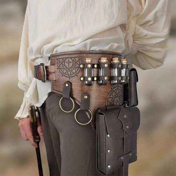 4-Piece Fantasy Magician Potion Belt With 4 Cork Bottles And Waist Bag, Suitable For Role-Playing LARP