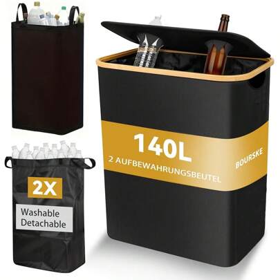 مجموعة من 3 سلال تدوير بسعة 140 لتر، مع 2 حقيبة قابلة لإعادة الاستخدام، سلة تخزين متعددة الوظائف، سعة كبيرة، قابلة للطي، سلة تخزين مزدوجة الطبقة لفرز الحاويات، مناسبة للزجاجات والزجاج والورق والبلاستيك والمعادن، سلة قمامة مستطيلة حديثة، سلال غسيل اليوم الوطني