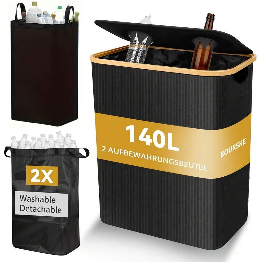 OrdoVault Bộ 3 thùng rác 36,98 gal, kèm 2 túi tái sử dụng, giỏ đựng đồ đa chức năng, dung tích lớn, có thể gập lại, giỏ đựng đồ hai lớp, thích hợp đựng chai lọ, thủy tinh, giấy, nhựa và kim loại, thùng rác hình chữ nhật hiện đại, giỏ đựng đồ giặt