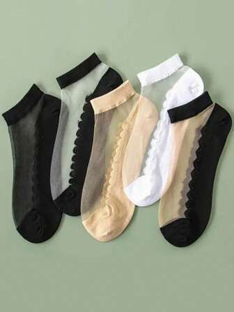 5 par dam sommar enfärgad skira kristallstrumpor med spetskant, korta strumpor som andas Lämpliga för vår, sommar, dagligen, avslappnad, sport