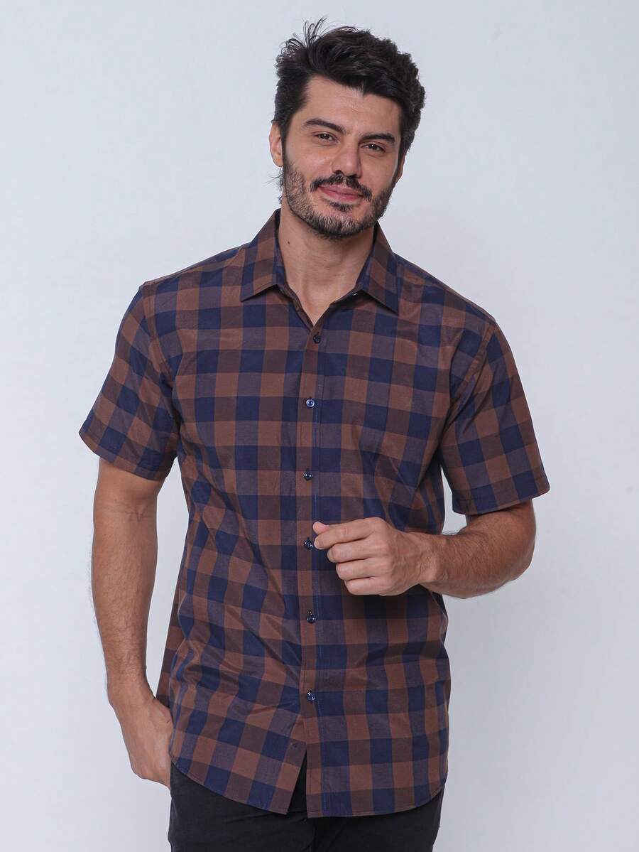 Rand paul Men's Casual Slim Fit Short Sleeve Plaid Shirt Slim Fit Modern And Versatile Style - 棕色 - 查看 1