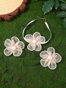 3pcs/Set White Lace Floral Earrings Necklace Jewelry Set, Daily & Holiday Accessories - White - View 5
