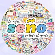 50PCS Spanish Phrases Cartoon Doodle Waterproof PVC Stickers, Asymmetrical Shape Matte Finish Self-Adhesive, Disposable, Suitable For Luggage, Skateboard, Guitar, Water Bottle - Iberian Theme Decal School Supplies,Back To School