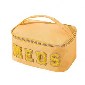 Chenille Letter Bag Nylon Meds Makeup Cases Preppy Patch With Zipper, Portable Cosmetic Toiletry Storage Bag For Women