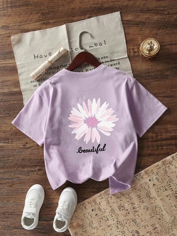 Tween Girls Floral Print Round Neck T-Shirt, Summer Top