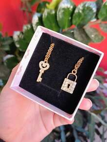 Rhinestone Key And Padlock Necklace Set Couple Friendship Couple Gift - Vàng - Xem 5