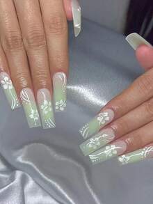 24pcs Long Square Hibiscus Flower Nails With Glitter Design French Acrylic Press On Nails Long Fit Perfectly False Nails Set ,Include: 1pc Jelly Glue And 1pc Nail File, Easy To Wear Summer Nails & French Tip Nails Art For Woman & Girl For Daily Wear And Party Use - Multicolor - View 7