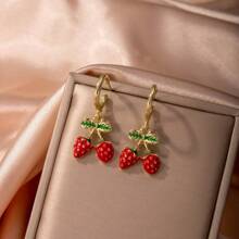 1 Pair Cute Fruit Cherry & Strawberry Hoop Earrings, Lovely Girls Ear Hanging Earrings