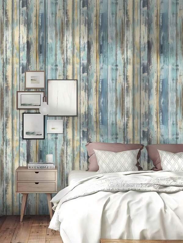 1 Roll Blue Wood Grain Peel And Stick Wallpaper - PVC Waterproof And Moisture Proof, Easy To Clean And Removable, Suitable For Kitchen, Dining Room, Living Room, Bedroom, Study, Home Decor