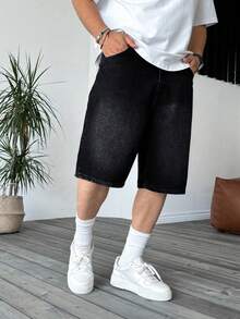 男士休闲水洗牛仔短裤，夏季抽绳松紧腰设计宽松膝盖长度裤子 - 黑色 - 查看 2