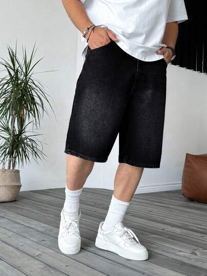 男士休闲水洗牛仔短裤，夏季抽绳松紧腰设计宽松膝盖长度裤子