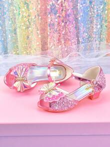 Girls Fashion Pink Butterfly Rhinestone High Heel Sandals Student Princess Shoes