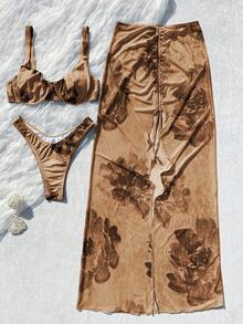 Women's Beach Brown Floral Print Sexy Bikini Set With Coverup And Skirt - Coffee - View 4