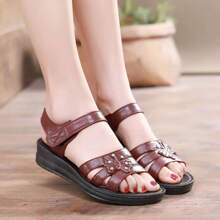 Women's Summer Sandals - Casual Solid Color, Breathable Hollow-Out Design, Hook And Loop Closure, Flat Heel Beach Shoes, Multi-Purpose Flat Sandals, Comfort Fit