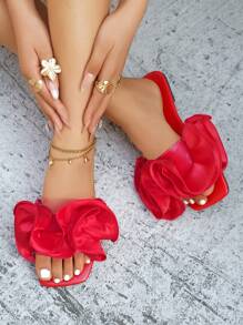 New Women's Red Ruffled Floral Design Beach Flat Sandals, Fashionable Party & Vacation Style, Soft Square Toe Comfortable All Match Flat Slippers