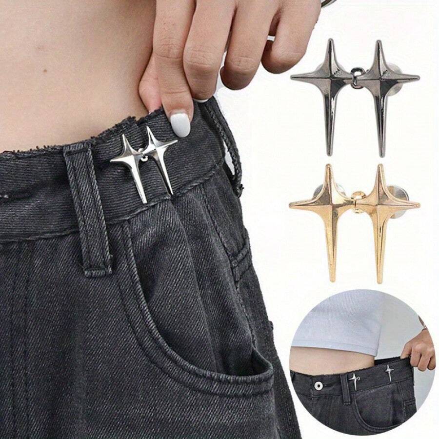 1 Pair Adjustable Belt Clips - Cross Star Seamless Pants Buckle Pins, Fashionable Star Design, No Tightening Needed, Comfortable For Daily And Special Events, Suitable For Large Hips, Unisex - 銀色 - 查看 1