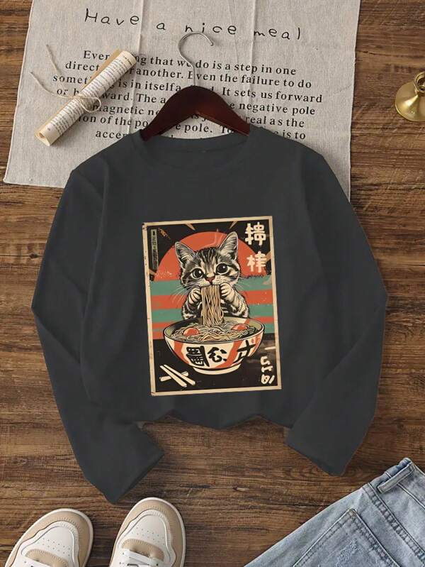 Tween Girls Graphic Print Crew Neck Long Sleeve T-Shirt, Autumn/Winter Tops