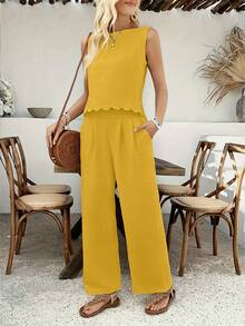 Women'S Summer Sleeveless Strapless Tie-Front Pants - Stylish Navy Blue Wide-Leg Trousers With Ruffled Hem, Perfect For Casual Or Dressy Outfits, Casual Attire|Ruffled Hem Pants|Polyester - Màu vàng - Xem 3