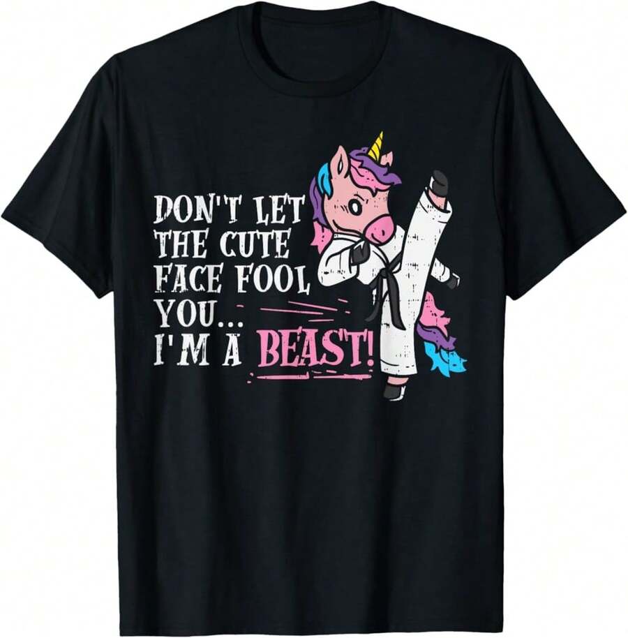 Karate Unicorn Cute Face Beast Kwondo Martial Arts Women Soft T-Shirt - Black - View 1