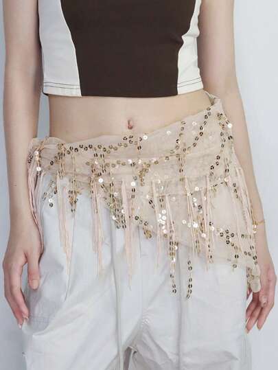 1pc Women's Sequin Triangle Scarf With Tassel Waist Belt, Suitable For Jazz Dance, Street Dance Hip Scarf, Stage Performance Accessory