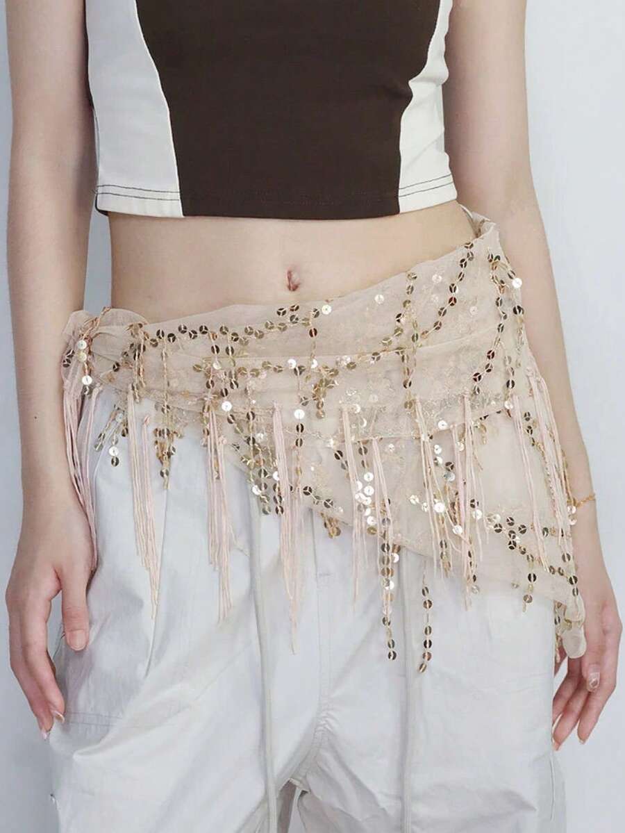 1件装女士亮片三角围巾，带流苏腰带，适合爵士舞、街舞臀巾、舞台表演配饰 - 腰裙 - 查看 1