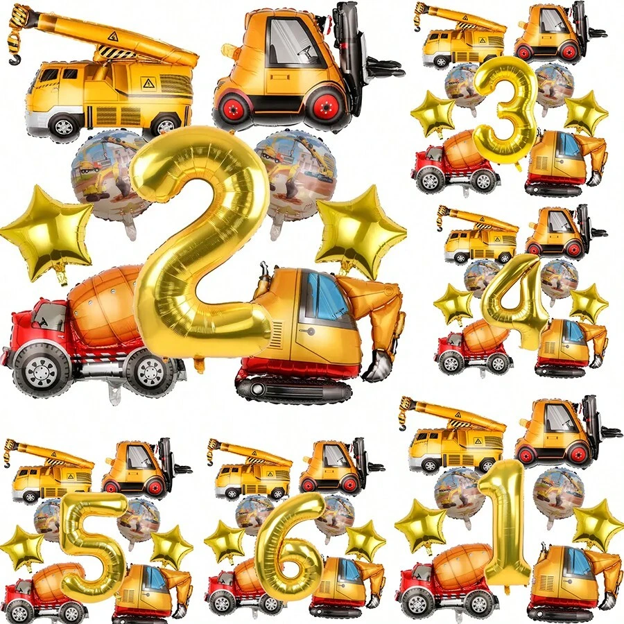 Set de 6 Globos con Temática de Ingeniería, Incluyendo Globos Grandes de Excavadora, Globos Redondos de Construcción, Globos Dorados en Forma de Estrella, y Globos Dorados Números del 1 al 6 de 32 Pulgadas, Adecuado para Decoración de Fiesta de Cumpleaños