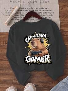 青少年男孩趣味图案印花圆领长袖 T 恤，秋冬上衣 - 深灰色 - 查看 5