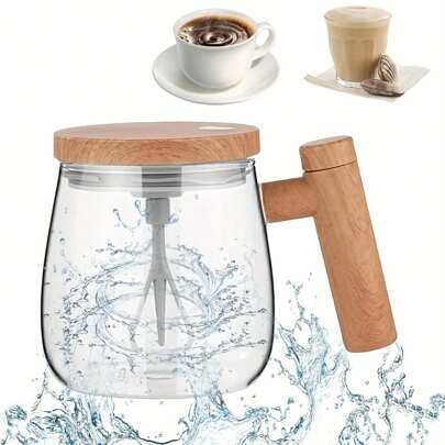 SOKANY 400ml elektrischer selbstrührender Becher - Hochborsilikatglas Mischbecher mit Holzgriff für Kaffee, Milch, Proteinpulver - ideal für Zuhause, Büro und Reisen, Bürogetränke | Minimalistische Tasse | Borsilikatglas Tasse