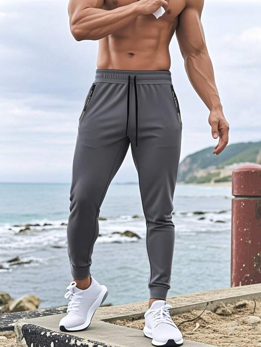 1 pieza Pantalón deportivo de secado rápido para hombre, pantalón de chándal casual con cintura con cordón sólido para gimnasio y fitness
