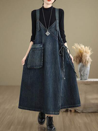 レディース プラスサイズ ルーズフィット デニムオーバーオールドレス - Vネック、長袖、ボタン、ポケット、オールシーズン ヴィンテージスタイル、ブラウンサスペンダ付きブラックデニム