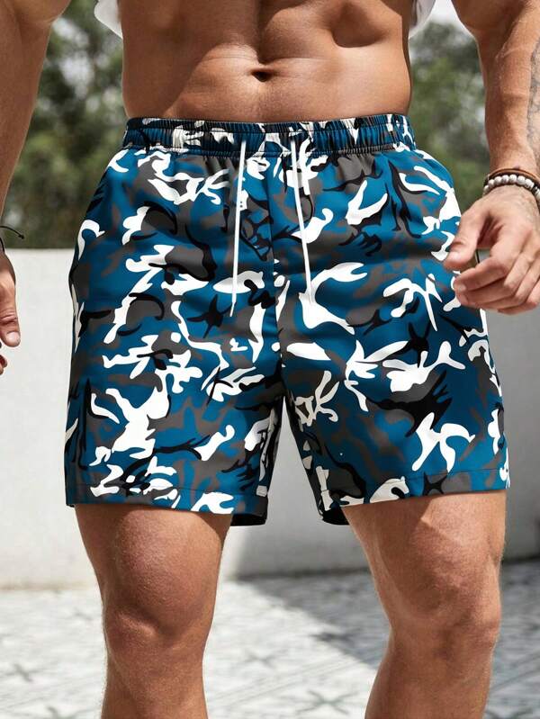 Men's Blue Camouflage Print Loose Straight Casual Shorts, Textured Print Comfortable Versatile Sports Bermuda Shorts For Summer